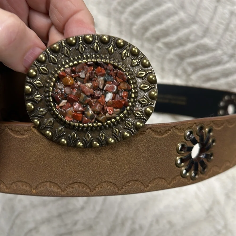 Vegan leather belt with flower cutouts and oval brass buckle w/ tiny stones XL